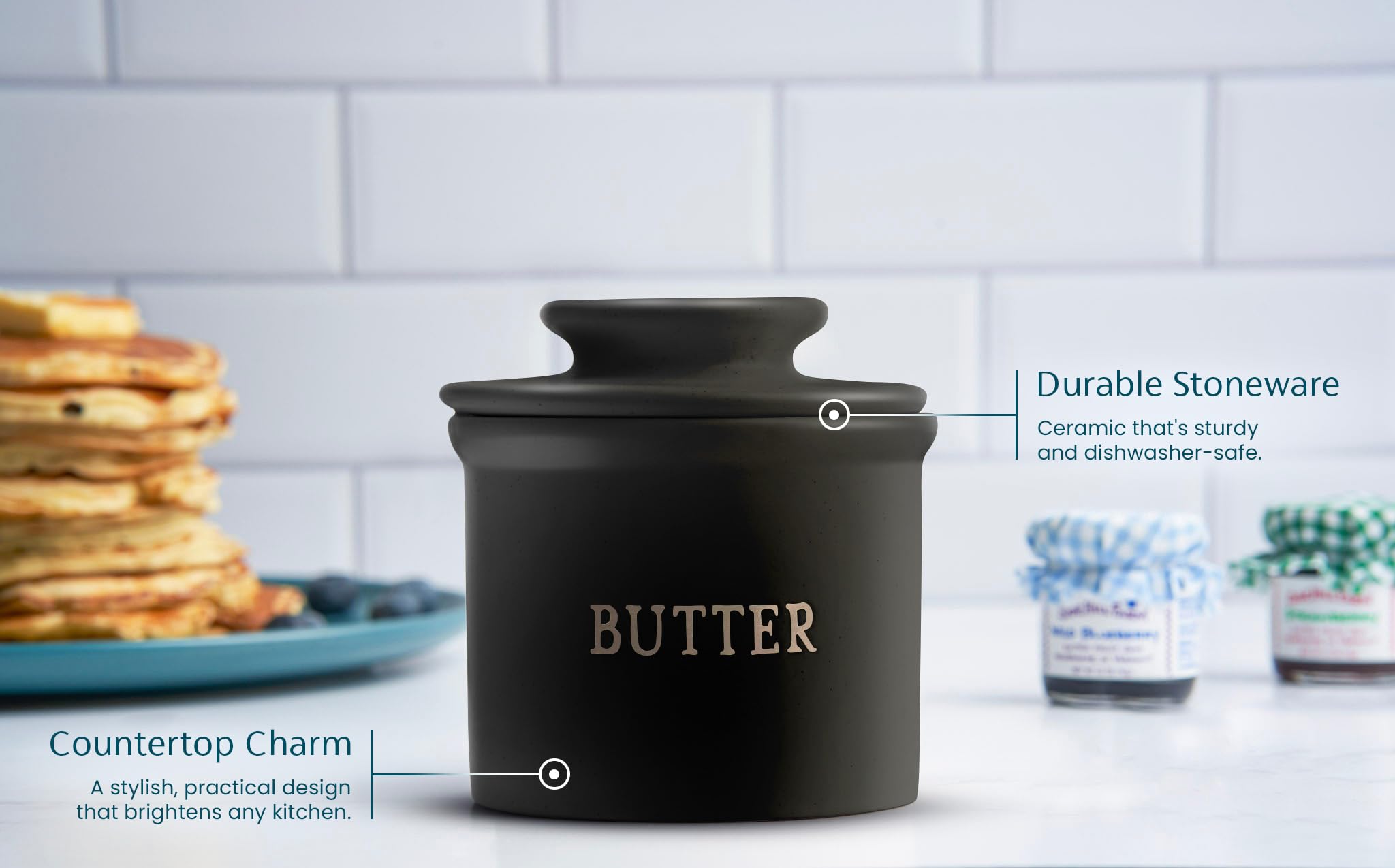 Kook Butter Crock with Lid, Soft Spreadable Butter, Ceramic French Butter Keeper to Leave On Counter with Water Line, Butter Dis